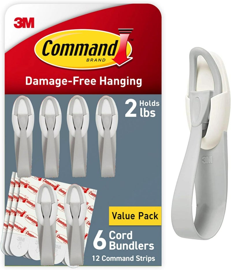 Command Cord Bundlers, Damage-Free Hanging Cord Organizer, No Tools Cord Bundler for Hanging Electrical Cables of Christmas Decorations, 6 Gray Cord Bundlers and 12 Strips | Cord Organizer, No Tools, Cord Bundler, 12 - Image 1